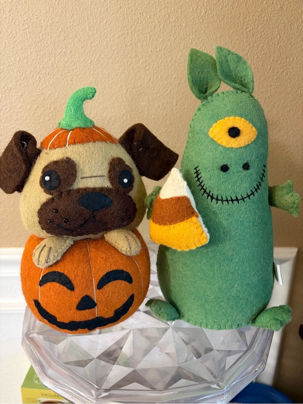 Wool Weighted Halloween Decor Pug Pumpkin Pup & Green Candy Corn Monster